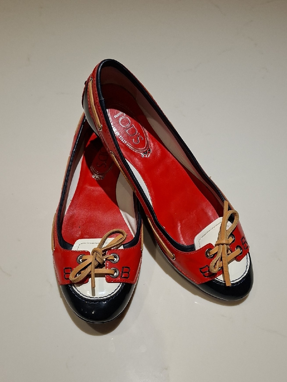 Tod's Navy, Red & White Patent Leather Driving Loafers w/ Bow Detail (EU 38)